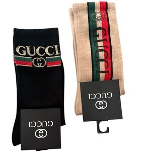 NWT 2 Pair Gucci Outlet Men's Socks Tan and black with classic Gucci Stripes